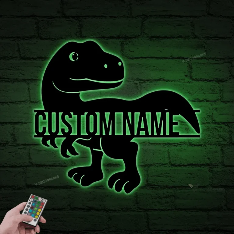 Personalized T Rex Dinosaur Metal Sign With Led Lights, Funny Dino Skeleton, Jurassic Park Metal Wall Art