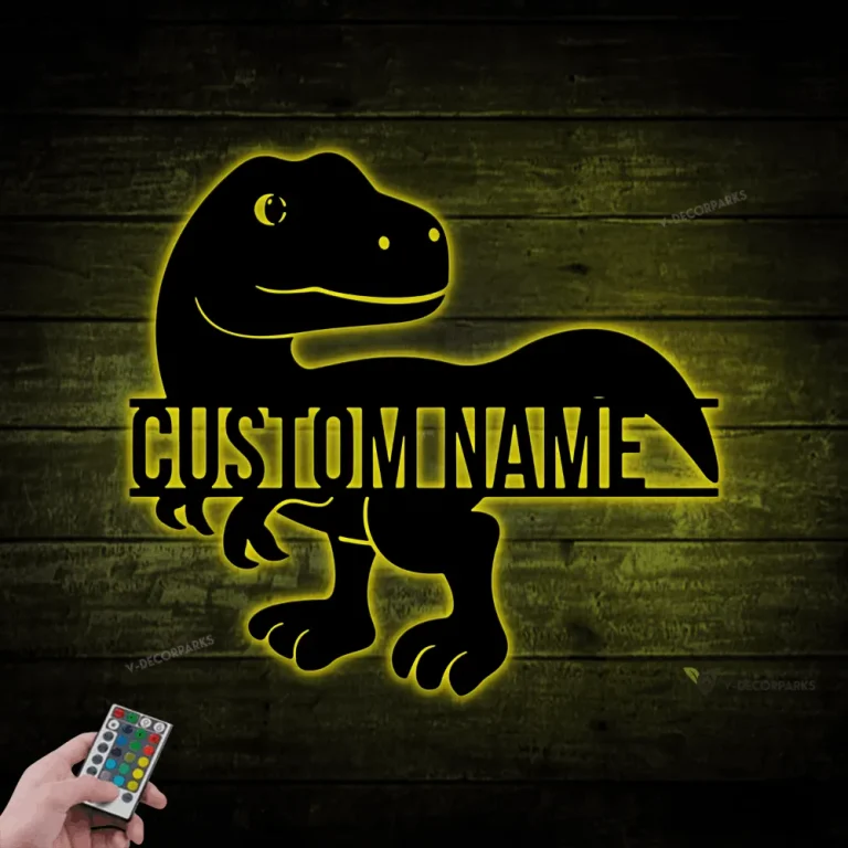 Personalized T Rex Dinosaur Metal Sign With Led Lights, Funny Dino Skeleton, Jurassic Park Metal Wall Art