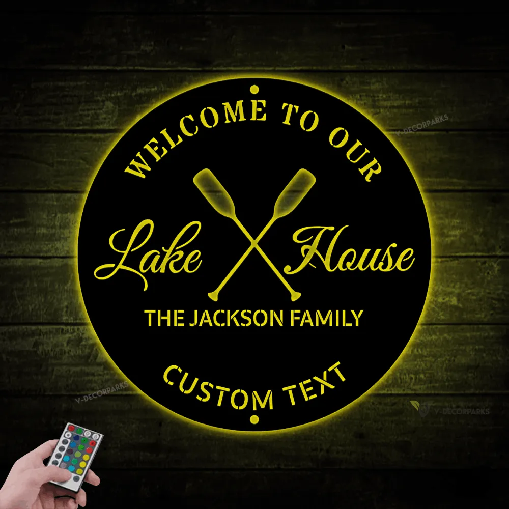 Personalized Lake House Metal Sign With Led Light, Lake House Sign, Boat Oars Decor, Lake Themed Decor, Lake House