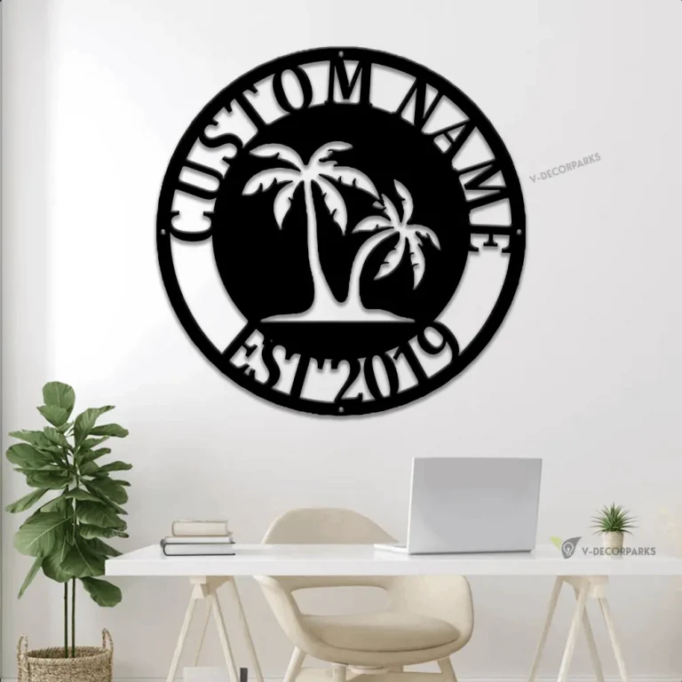 Personalized Palm Tree Metal Sign With Led Lights - Beach House Signs - Door Hanger - Metal Wall Art - Beach Decor - Coastal Decor