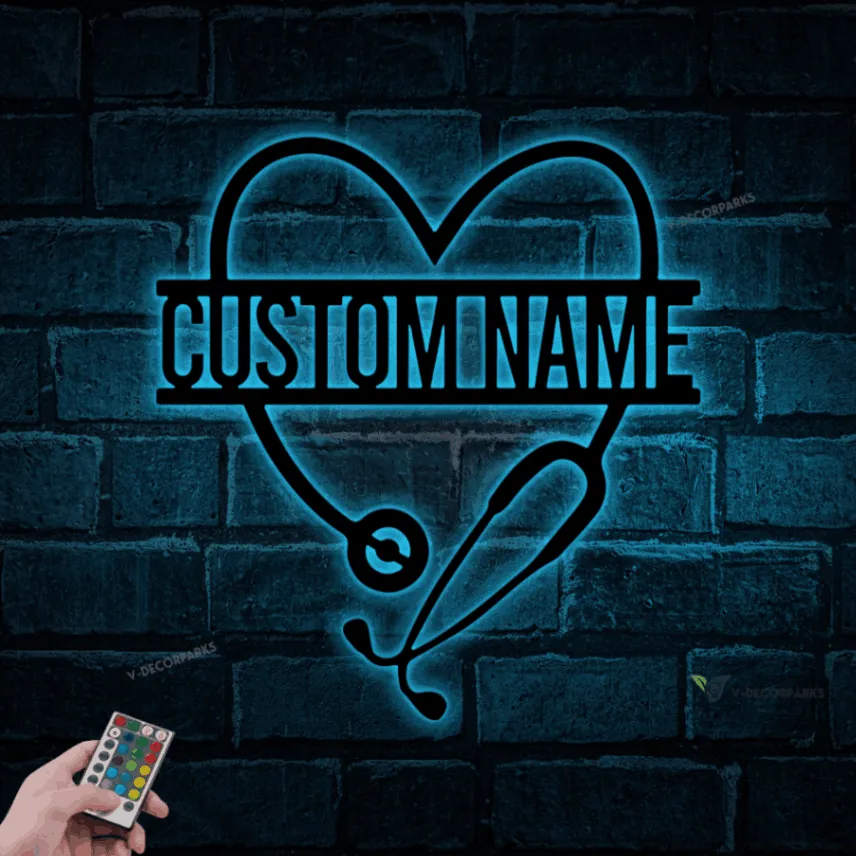 Personalized Stethoscope Metal Sign With Led Lights, Gift For Doctor, Nurse, Office Decor, Nurse Stethoscope Heart Sign