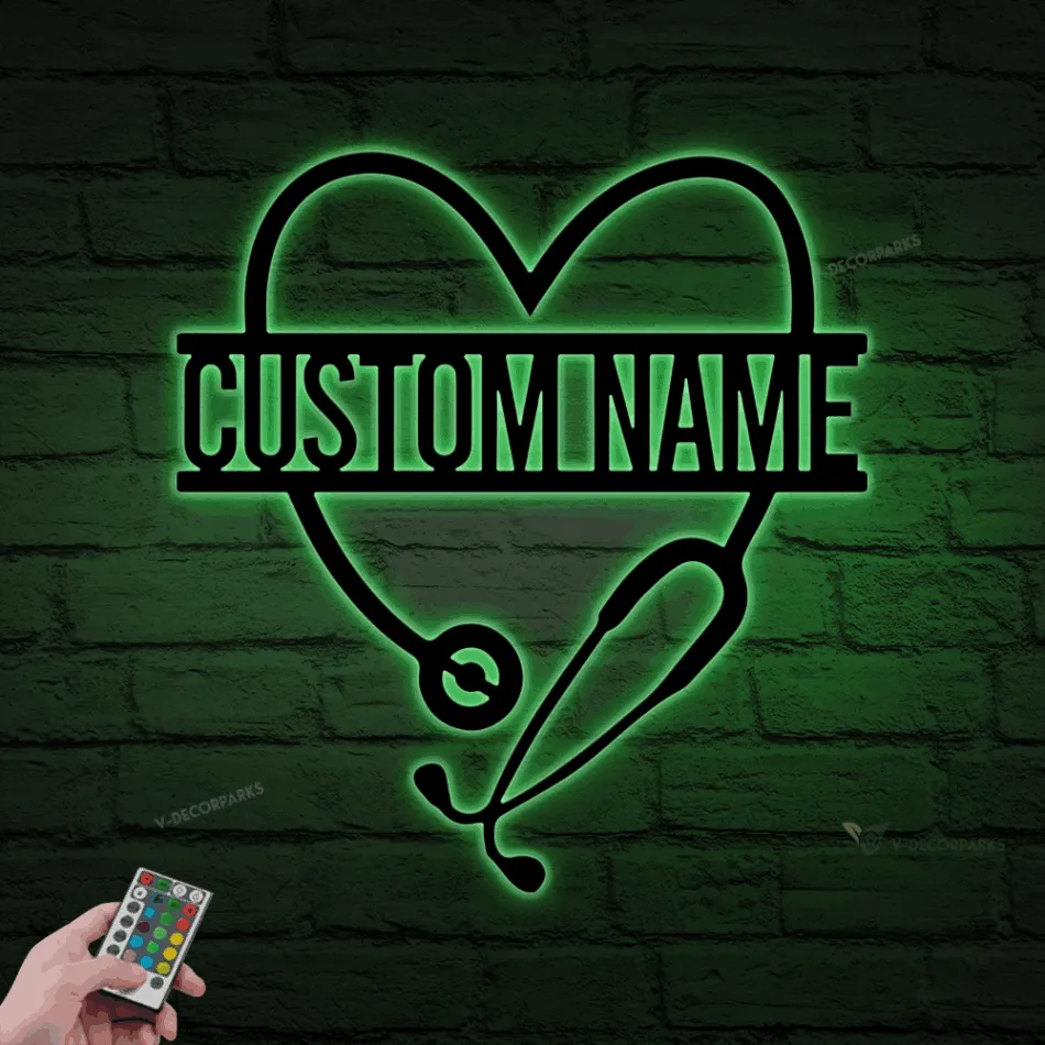 Personalized Stethoscope Metal Sign With Led Lights, Gift For Doctor, Nurse, Office Decor, Nurse Stethoscope Heart Sign