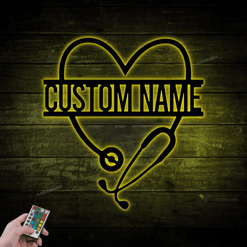 Personalized Stethoscope Metal Sign With Led Lights, Gift For Doctor, Nurse, Office Decor, Nurse Stethoscope Heart Sign