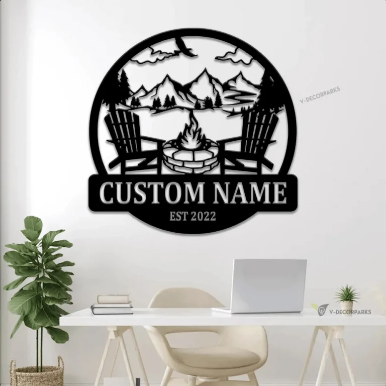 Personalized Mountains Fire Pit Metal Sign With Led Lights, Custom Camping Name Metal Wall Art, Campsite Decor, Camping Sign