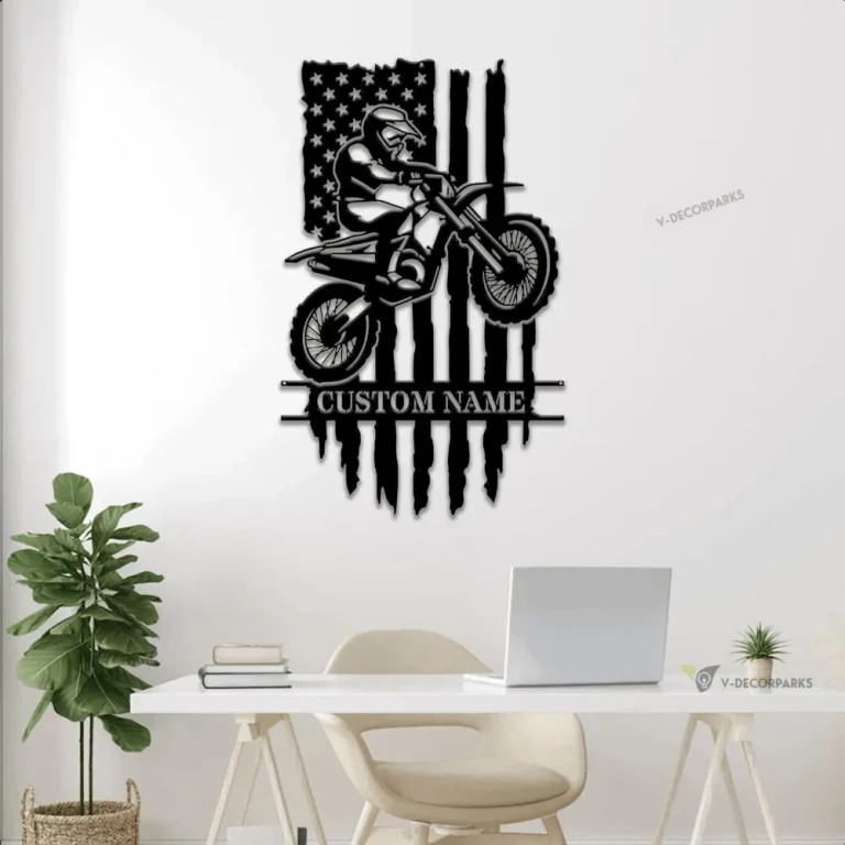 Personalized Us Flag Biker Metal Sign With Led Lights, Custom Dirt Bike Wall Art For Decor, Father's Day Gift, Birthday Gift