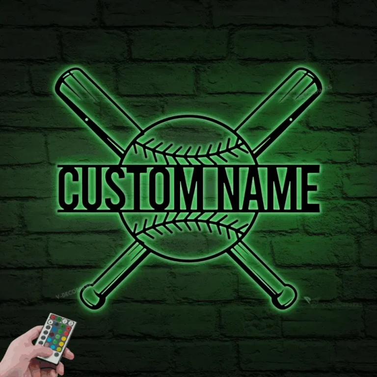 Personalized Baseball Custom Name Monogram Metal Sign With Led Lights, Baseball Bats, Nursery Decor, Metal Name Sign