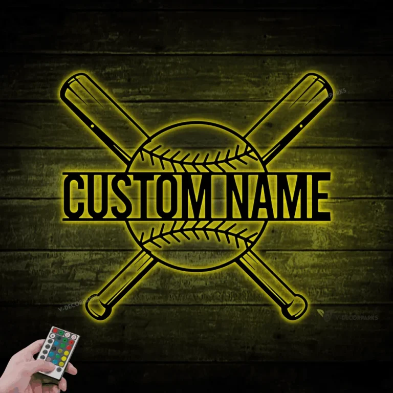 Personalized Baseball Custom Name Monogram Metal Sign With Led Lights, Baseball Bats, Nursery Decor, Metal Name Sign