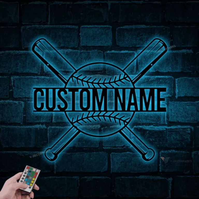 Personalized Baseball Custom Name Monogram Metal Sign With Led Lights, Baseball Bats, Nursery Decor, Metal Name Sign