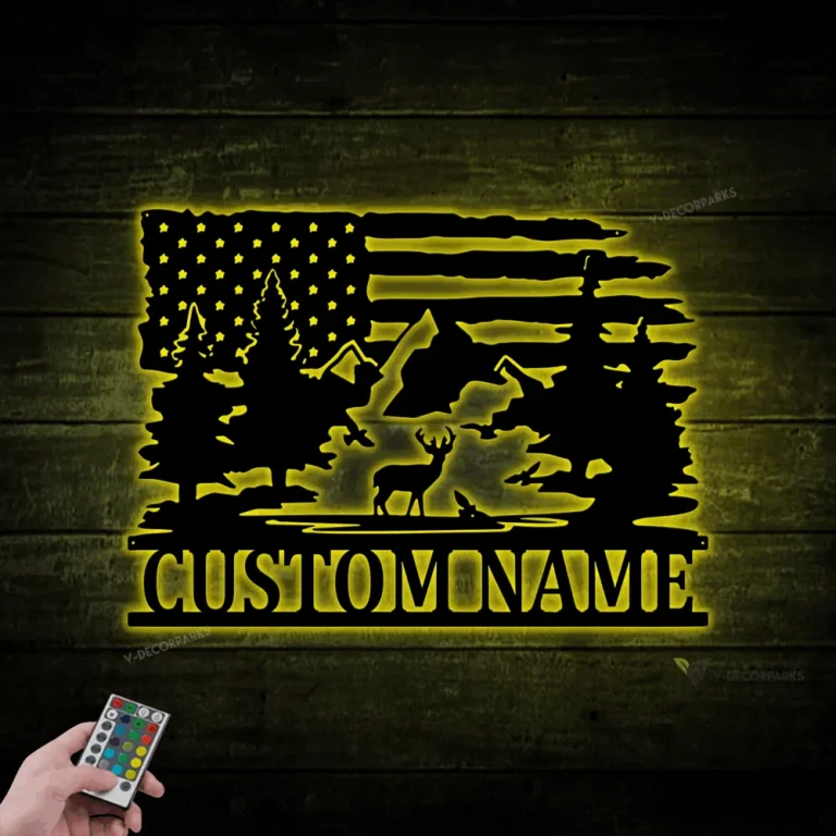 Personalized Deer Hunting Mountain Metal Sign With Led Lights, Custom Buck Metal Wall Art For Campsite Decor, Hunter Gift