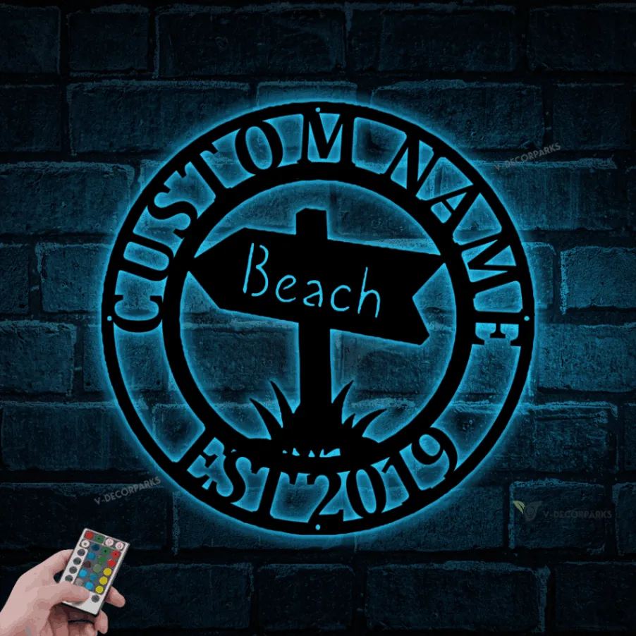 Custom Family Name Beach Sign With Led Lights, Metal Beach House Sign, Beach House Decor, Outdoor Family Sign, Outdoor Decor, Wall Art