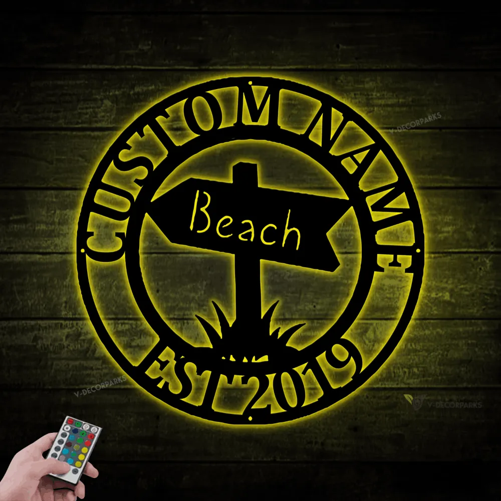 Custom Family Name Beach Sign With Led Lights, Metal Beach House Sign, Beach House Decor, Outdoor Family Sign, Outdoor Decor, Wall Art