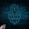 Hamsa Hand Evil Eye Yin Yang Lotus Metal Wall Art With Led Lights, Hand Of Fatima Metal Sign, Spiritual Gift Protect