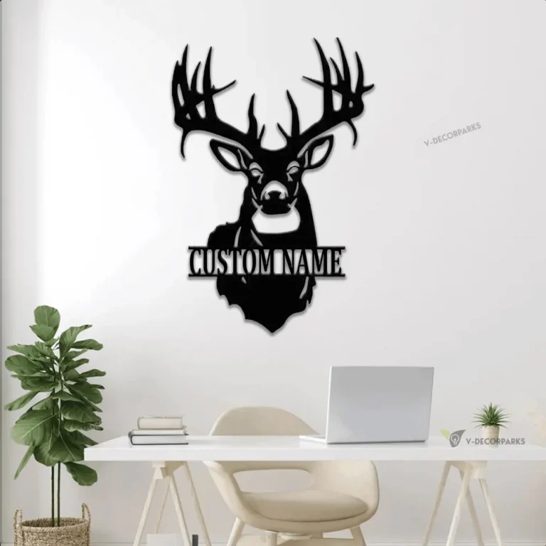 Personalized Deer Buck Head Metal Sign With Led Lights, Custom Dear Antler Metal Wall Art For Deer Hunting Campsite