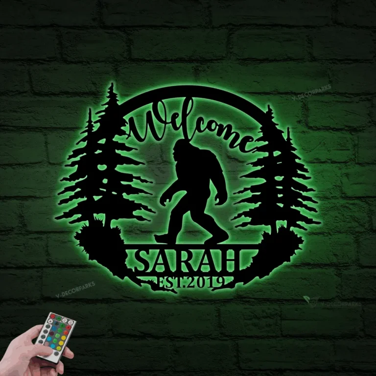 Personalized Big Foot Metal Wall With Led Lights, Custom Family Name Big Foot, Sasquatch Wall Art Decor, Yeti Gift, Forest Big Foot