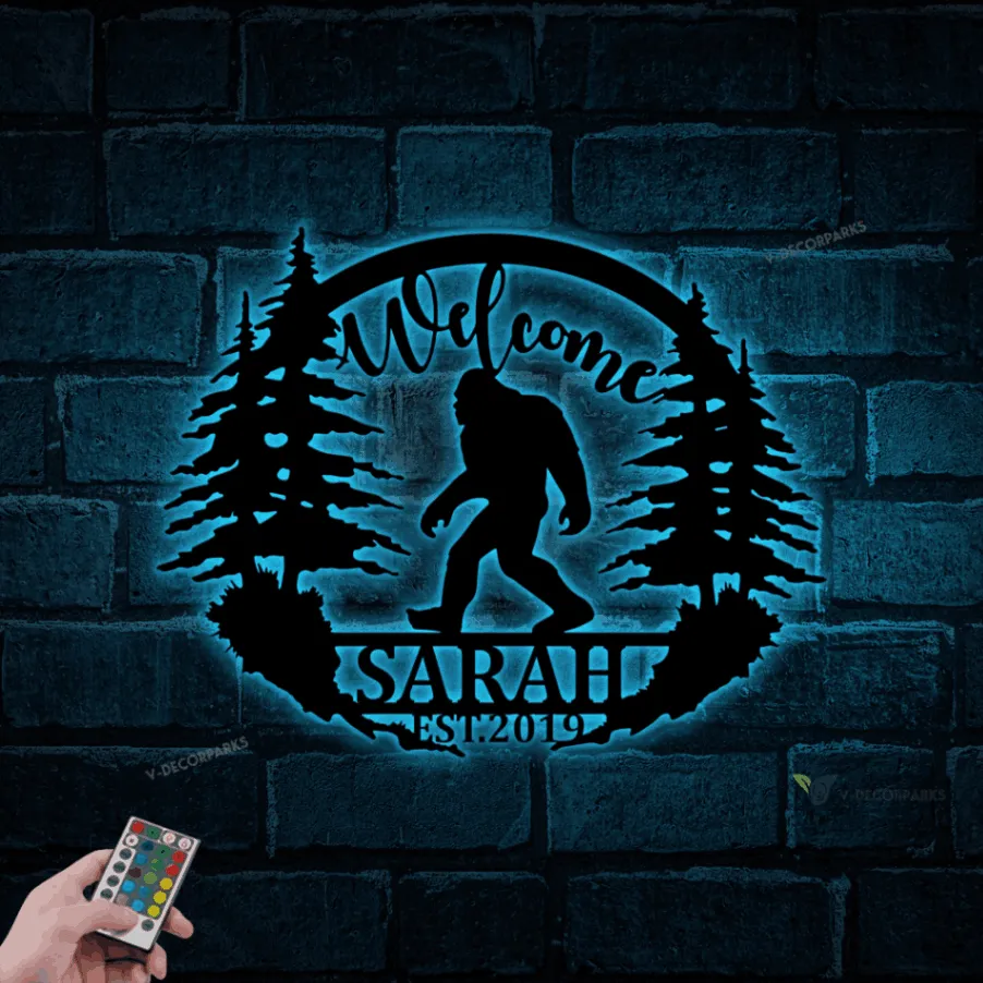 Personalized Big Foot Metal Wall With Led Lights, Custom Family Name Big Foot, Sasquatch Wall Art Decor, Yeti Gift, Forest Big Foot