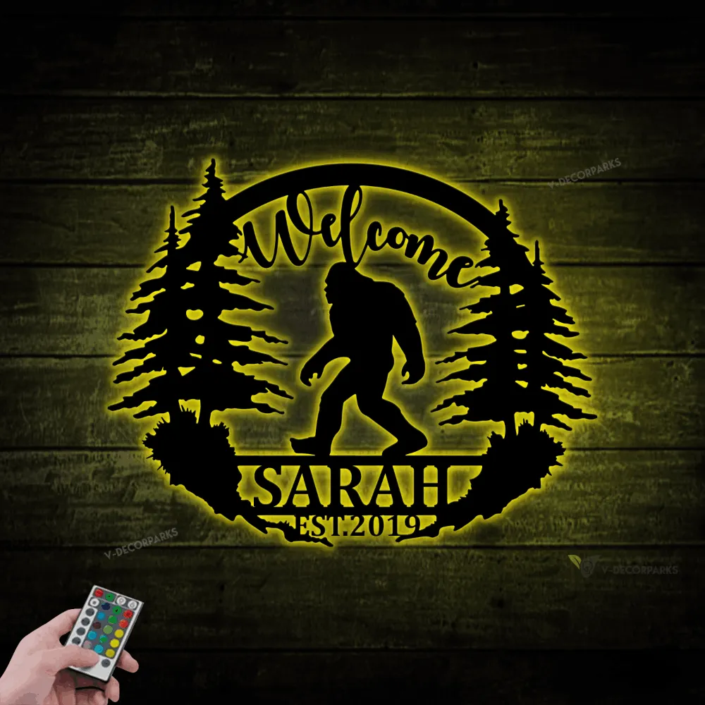 Personalized Big Foot Metal Wall With Led Lights, Custom Family Name Big Foot, Sasquatch Wall Art Decor, Yeti Gift, Forest Big Foot