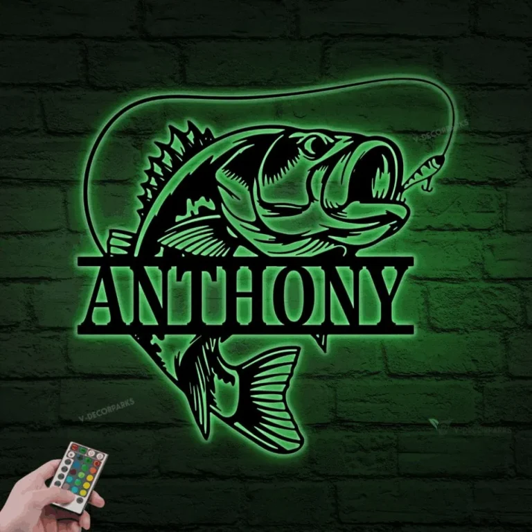 Personalized Bass Fishing Monogram Metal Sign With Led Lights, Custom Fishing Metal Wall Art, Father's Day Gift, Gift For Him