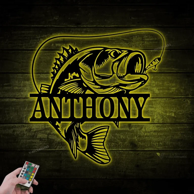 Personalized Bass Fishing Monogram Metal Sign With Led Lights, Custom Fishing Metal Wall Art, Father's Day Gift, Gift For Him