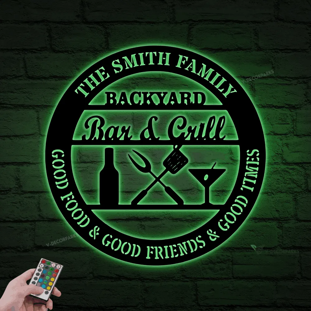 Personalized Bar & Grill Metal Sign With Led Lights, Backyard Bar And Grill Sign, Sign For Backyard Patio Decor