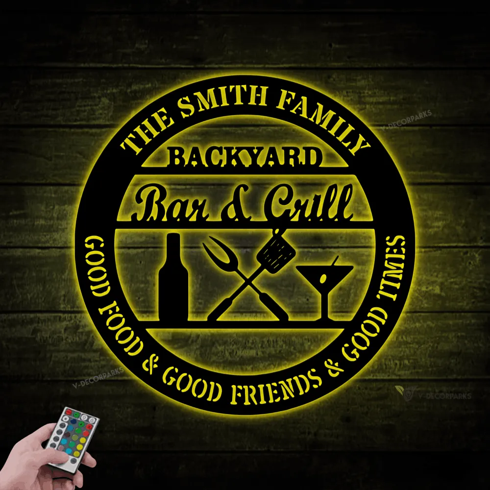 Personalized Bar & Grill Metal Sign With Led Lights, Backyard Bar And Grill Sign, Sign For Backyard Patio Decor