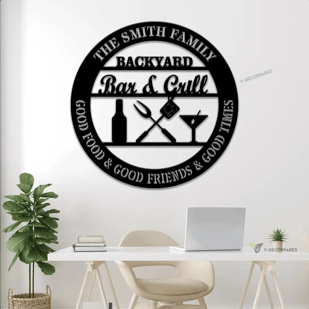 Personalized Bar & Grill Metal Sign With Led Lights, Backyard Bar And Grill Sign, Sign For Backyard Patio Decor