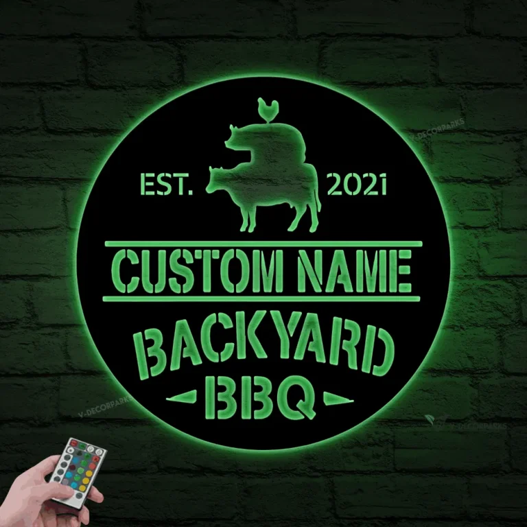 Personalized Backyard Bbq Metal Sign With Led Lights, Backyard Bbq Sign, Sign For Backyard Decor, Grill And Chill Sign