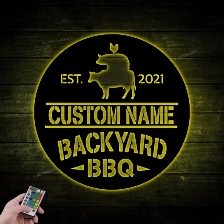 Personalized Backyard Bbq Metal Sign With Led Lights, Backyard Bbq Sign, Sign For Backyard Decor, Grill And Chill Sign