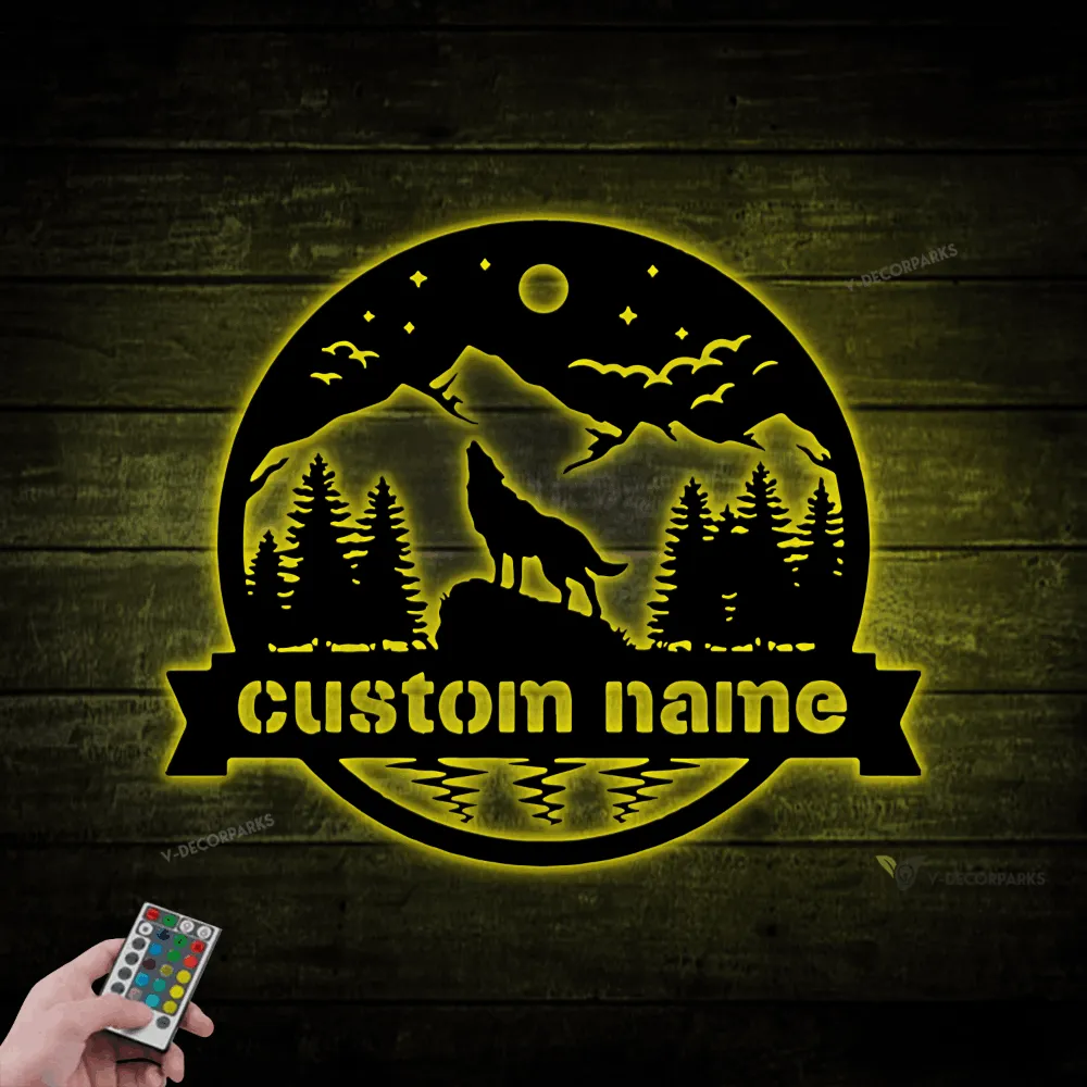 Personalized Wolf Name Metal Sign With Led Lights, Custom Wolf Name Wall Decor, Wolf Wall Hanging, Wolf Shelf Decor