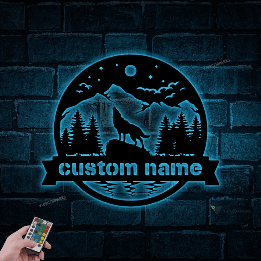 Personalized Wolf Name Metal Sign With Led Lights, Custom Wolf Name Wall Decor, Wolf Wall Hanging, Wolf Shelf Decor