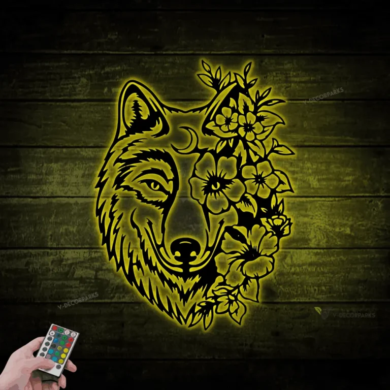 Wolf With Flowers Metal Sign With Led Lights, Wolf With Flowers Wall Art, Wolf Flower Decor, Wolf Head Sign