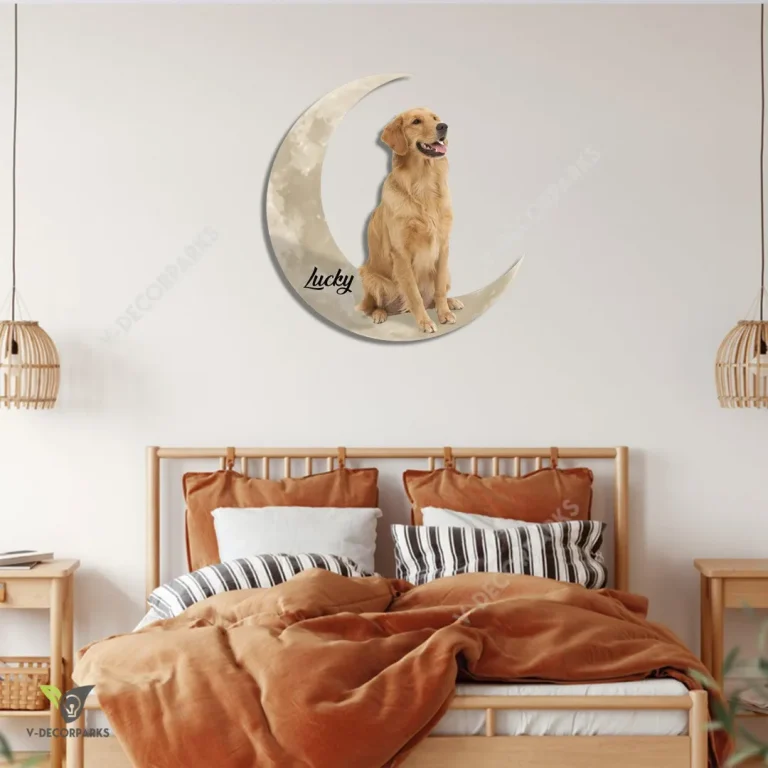 Custom Golden Retriever Sitting On Crescent Moon Colored Wall Hanging, Dog Lovers Metal Sign