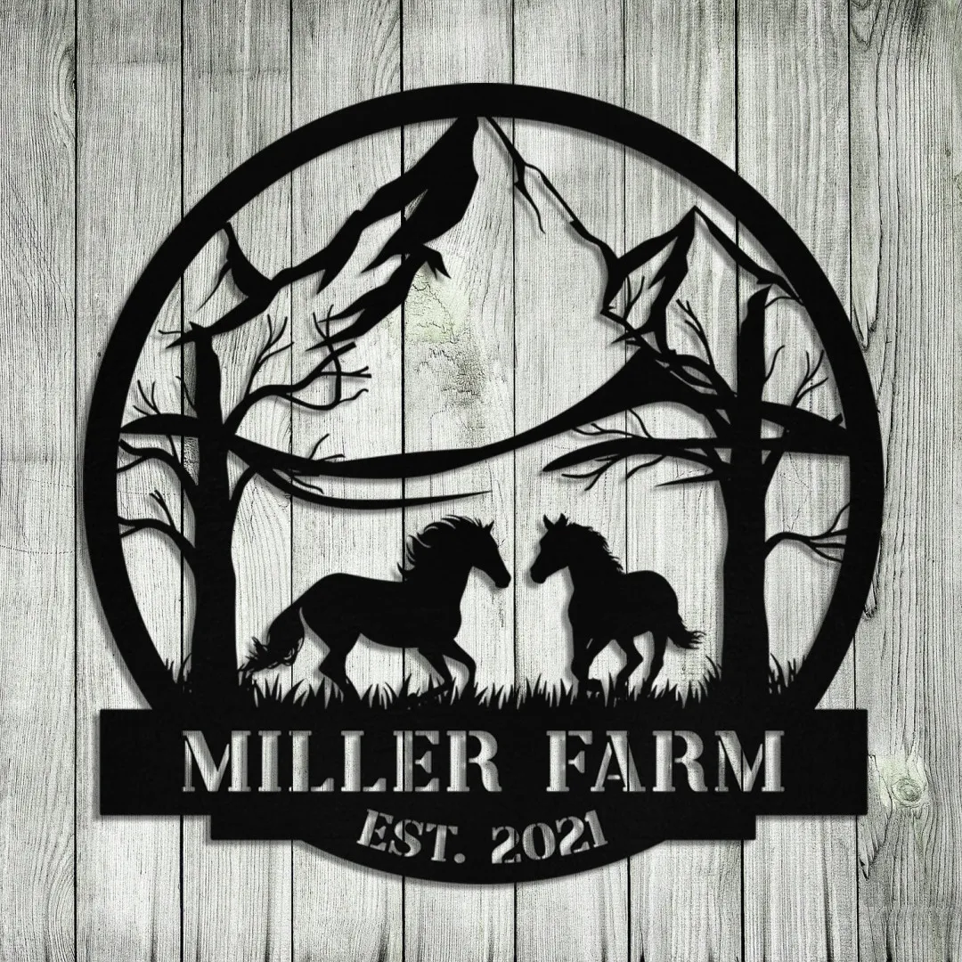 0660-05.webp Personalized Metal Wild Horse Sign Monogram, Outdoor Ranch, Stable, Wall Decor Art Gift