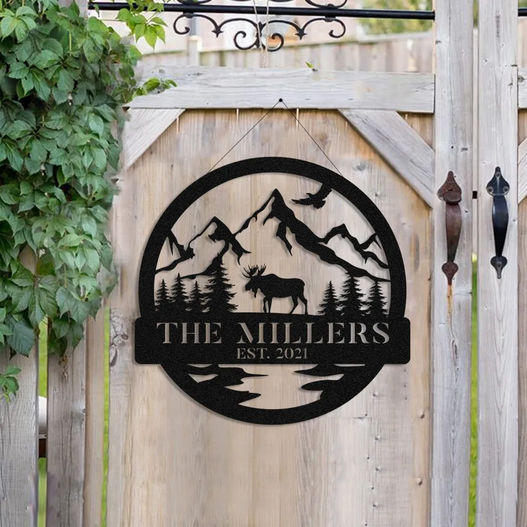 0732-03_df441d8f-a6e5-4479-a857-2650cd57903d.webp Personalized Family Name Moose Deer Hunting Metal Sign, Custom Outdoor Cabin Art Gift For Him Dad