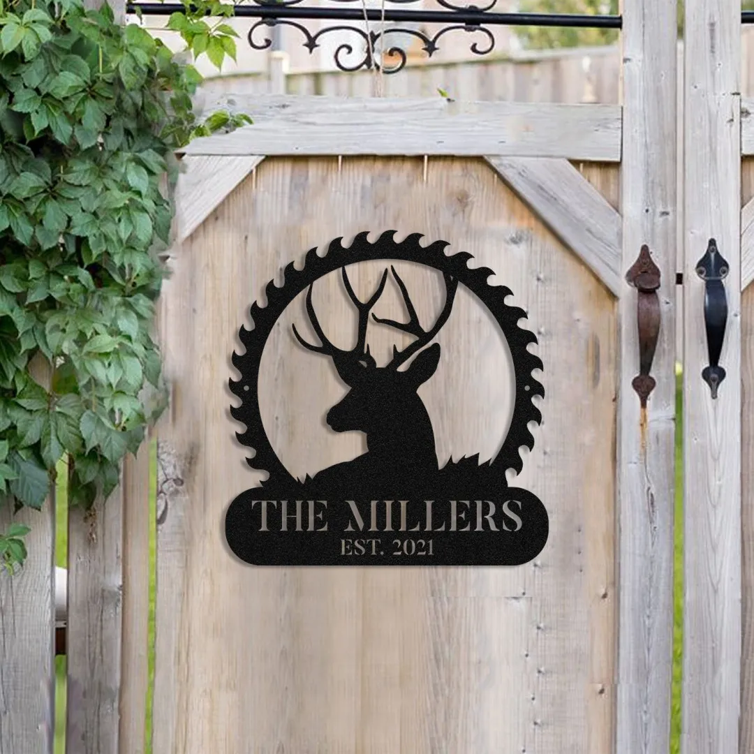 0751-02.webp Deer Hunting Metal Sign Monogram, Custom Farm, Cabin, Lodge, Wall Decor, Art Gift For Him