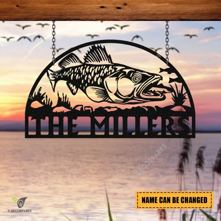 Personalized Family Name Walleye Fish Fishing Metal Sign Monogram