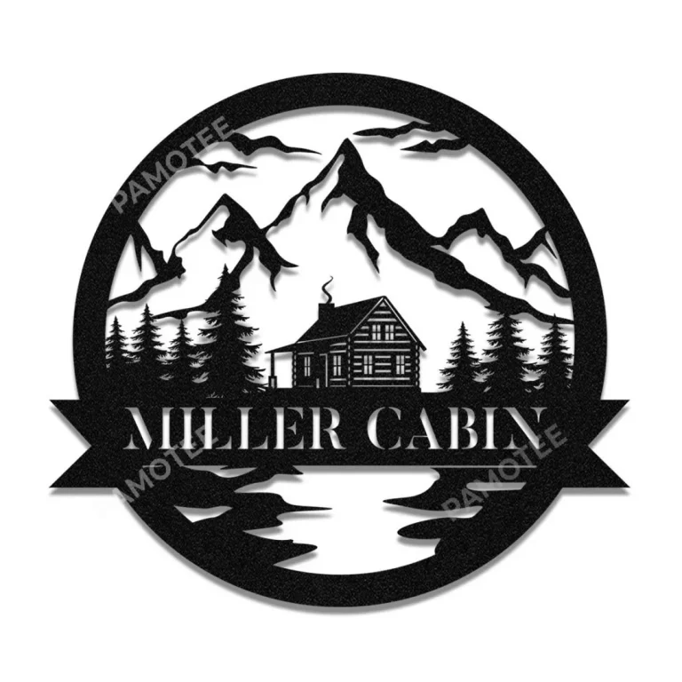 Personalized Family Name Mountain Cabin Design Metal Sign, Available Many Color & Size