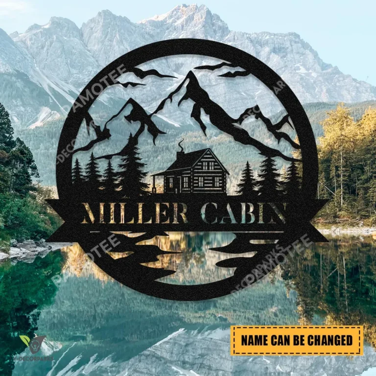 Personalized Family Name Mountain Cabin Design Metal Sign, Available Many Color & Size