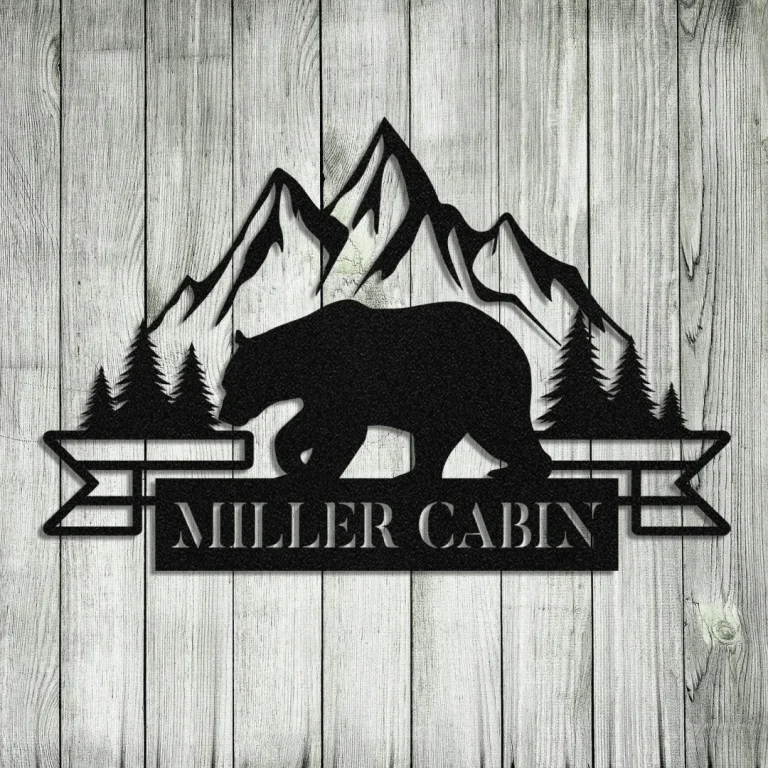 Personalized Name Bear Cabin Metal Sign Monogram, Mountain Lovers Gift