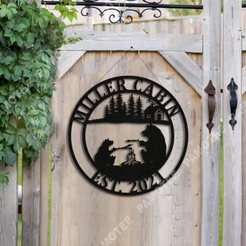 Personalized Bear Camping Cabin Metal Sign, Custom Outdoor Decor