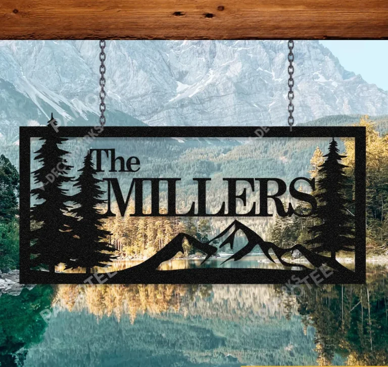 Personalized Family Name Mountain And Pine Trees Cut Metal Sign, Front Gate Decor, Small To Large Sizes