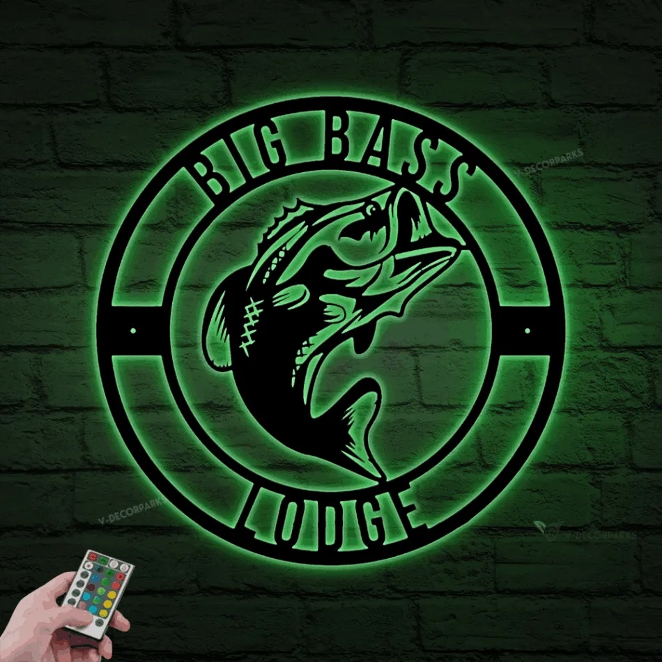 Metal Bass Fishing Sign Led Lights, Metal Fishing Sign, Fishing Sign, Lakehouse Sign, Fish Sign, Bass Fish, River House, Gift For Fishing Lover