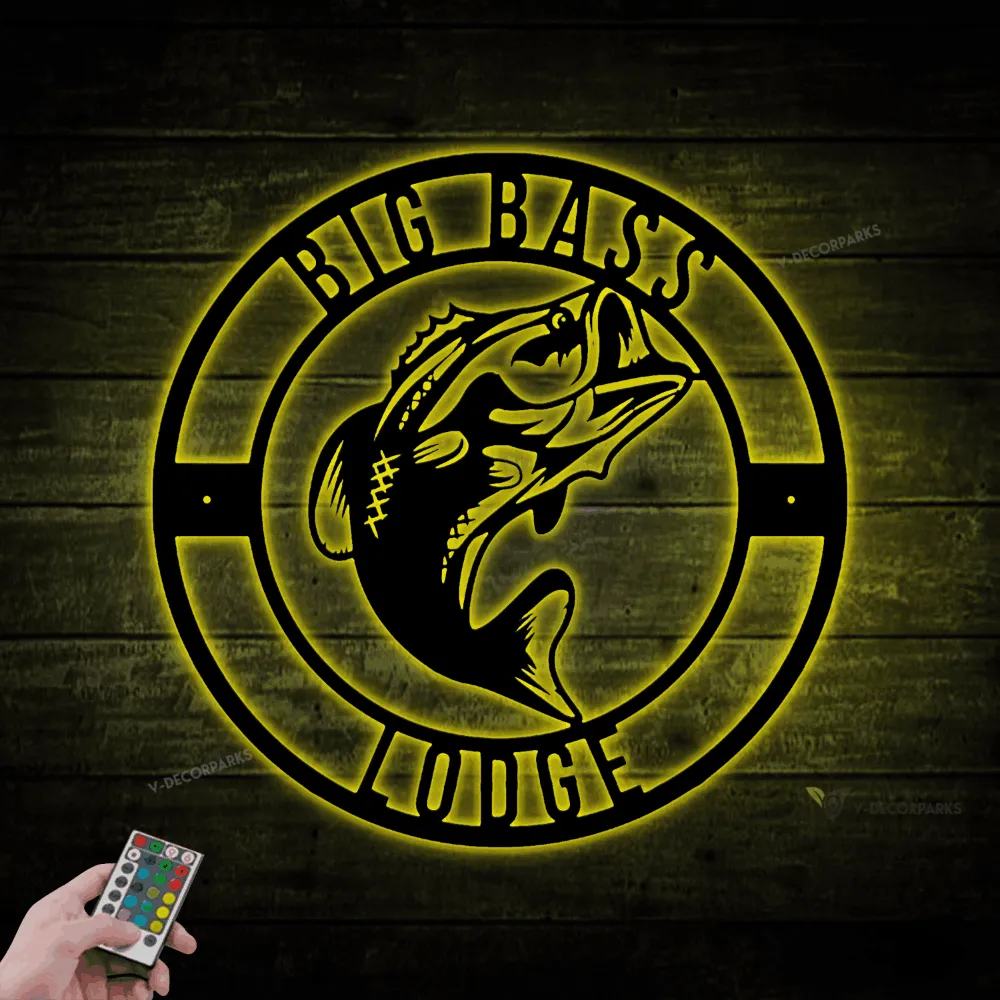 Metal Bass Fishing Sign Led Lights, Metal Fishing Sign, Fishing Sign, Lakehouse Sign, Fish Sign, Bass Fish, River House, Gift For Fishing Lover