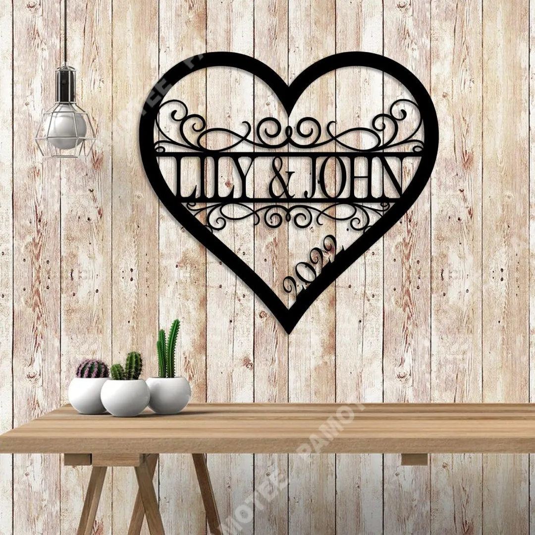 1158-02.webp Heart Valentines Day Metal Sign, Custom Home Decor For Couple, Wedding Wall Art