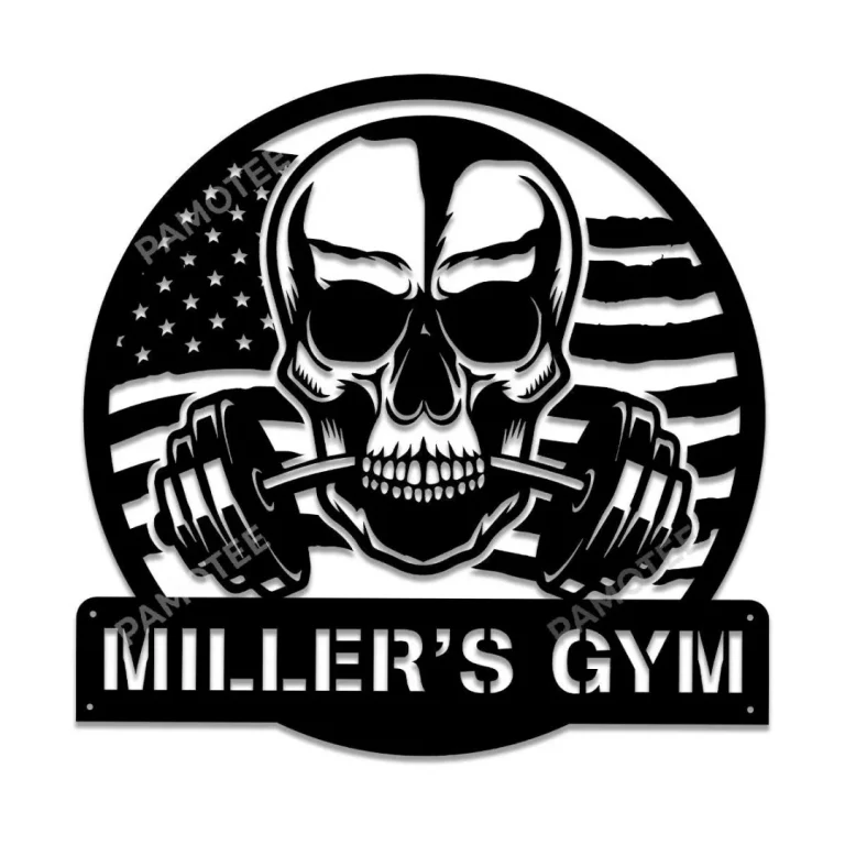 Personalized Skull Barbell American Flag Metal Gym Sign, Custom Wall Art For Fitness Center