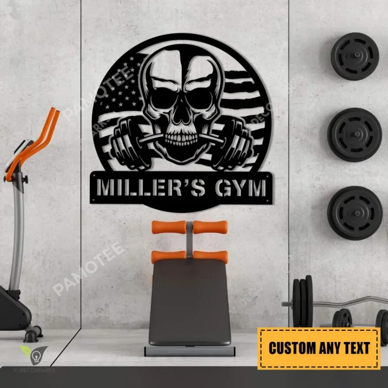 Personalized Skull Barbell American Flag Metal Gym Sign, Custom Wall Art For Fitness Center