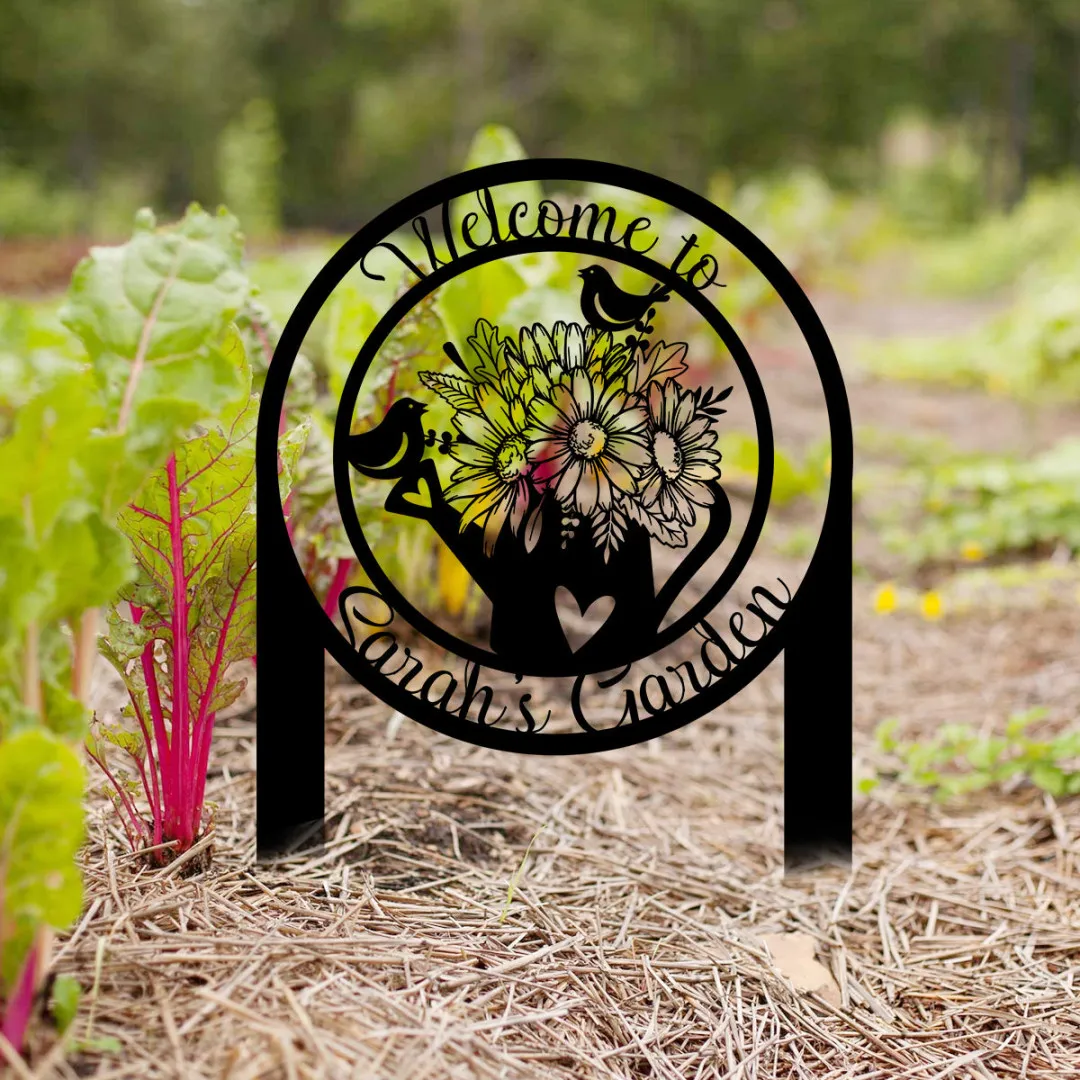 1493-02_425e2667-56f7-4d1c-9ae4-3ad5930501e2.webp Personalized Metal Garden Sign, Custom Outdoor Garden Stake, Garden Stake Gift For Her, Flowers And Bird Garden Metal Welcome Sign