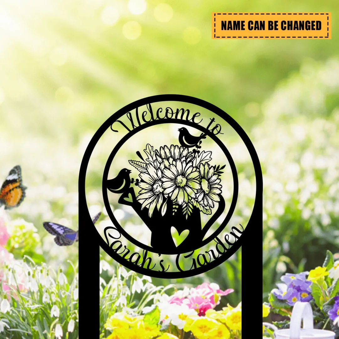 1493_df4aa1f6-e52f-4f04-b88f-5684842fbdf7.webp Personalized Metal Garden Sign, Custom Outdoor Garden Stake, Garden Stake Gift For Her, Flowers And Bird Garden Metal Welcome Sign