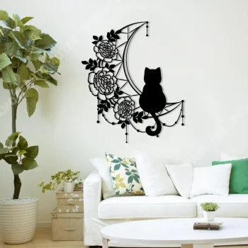 Black Cat Sitting On Moon With Flowers Metal Wall Art, Home Decoration