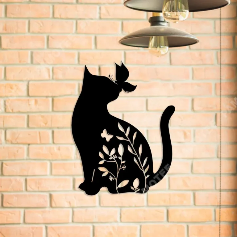 Cat Kisses Butterfly In Garden Metal Sign, Wall Art For Pet Lovers