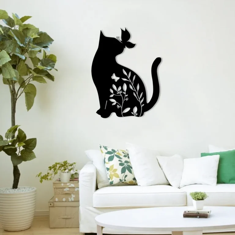 Cat Kisses Butterfly In Garden Metal Sign, Wall Art For Pet Lovers